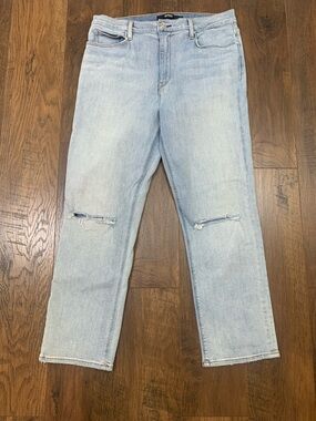 Hudson Barbara Light Blue Straight-Leg Jeans with Knee Rips in Warn Strangers